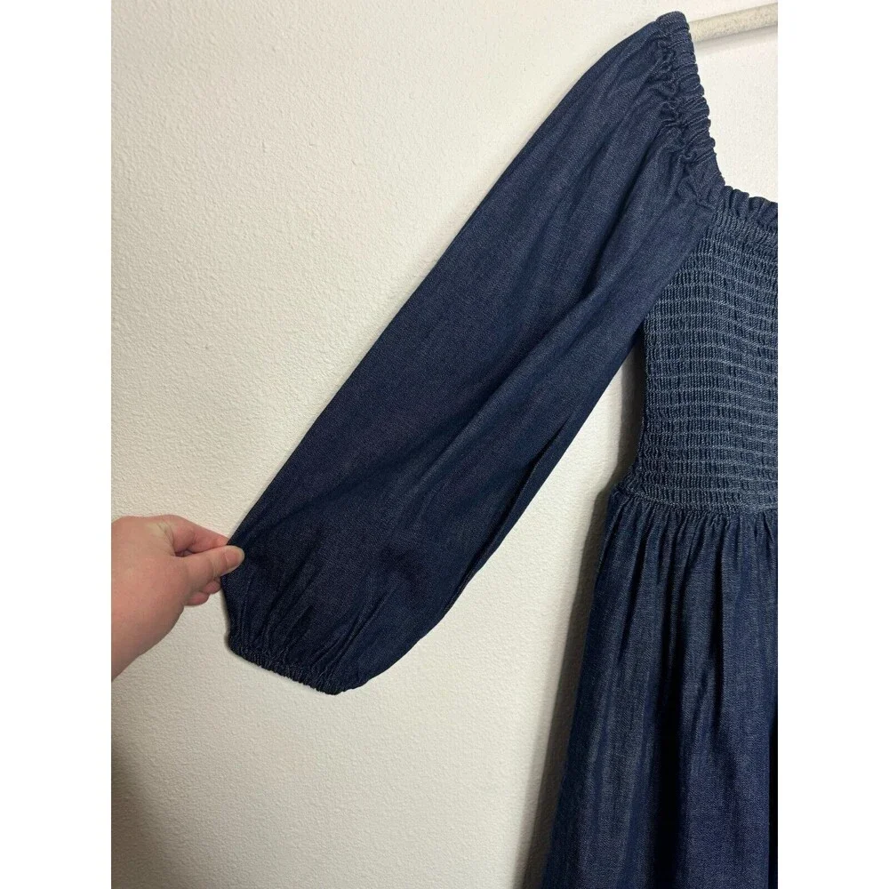 J. Crew XXS Smocked Puff Sleeve Mini Dress In Chambray Blue 100% Cotton NWT